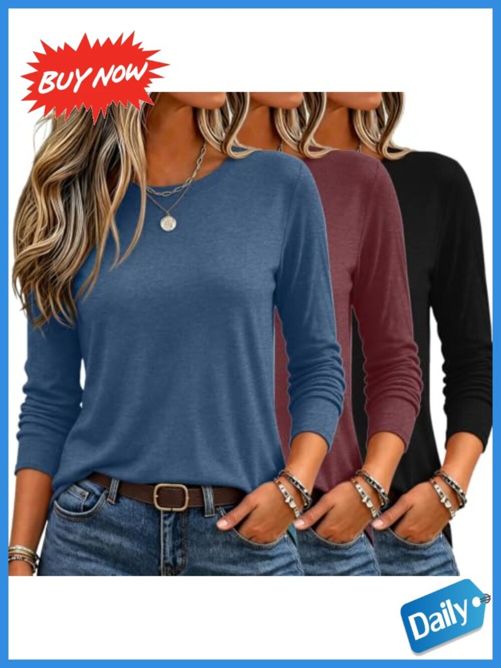 Women's Stretch Long Sleeve Crewneck T-Shirts 3 Pack Casual Tee Tops